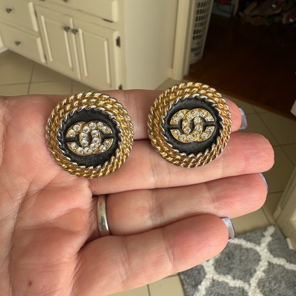 CHANEL Gold and Black Crystal Logo Earrings - Picture 1 of 3